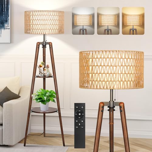 OUTON Boho Rattan Tripod Floor Lamp with Shelves, Dimmable Mid Century Modern Standing Lamp with Remote Control,Wood Tall Floor Lamps for Living Room Bedroom Office Farmhouse Bulb Included, Walnut - color: Walnut
