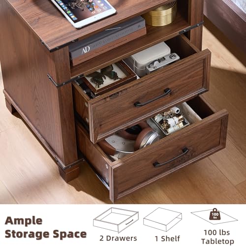 Farmhouse Night Stand with Charging Station, Brown | 2 Drawers End Tables Bedroom, Bedside Table with Metal Handles & Solid Wood Foot & Open Shelf - color: Brown