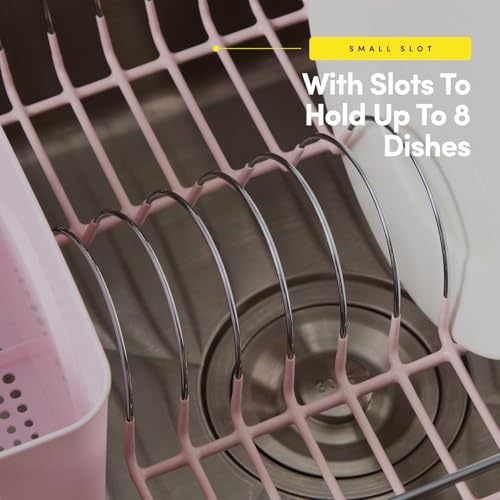 Dish Drying Rack & Cutlery Holder 2 Piece Set - Compact Sink-Fitting Dish Drainer with Rubberized Undercoating, Space-Saving Kitchen Organizer for Plates, Cups, Bowls & Utensils in Sink, Pale Pink - color: Pale Pink