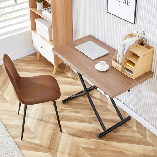 Liftable Folding Dining Table for 4, Adjustable Drop Leaf Table, Folding Coffee Table for Small Spaces, Scratch-Resistant Wood Top with Metal Frame for Apartment Kitchen Living Room - color: Dark Wood-black