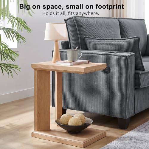 C Shaped End Table Set of 2, 23.2'' in Height Wooden Narrow Living Room Couch Side Table, 2 Tier Storage, Grain Wood Modern Nightstand for Bedroom, Apartment, Home Office (Natural Oak) - size: 2 Pack