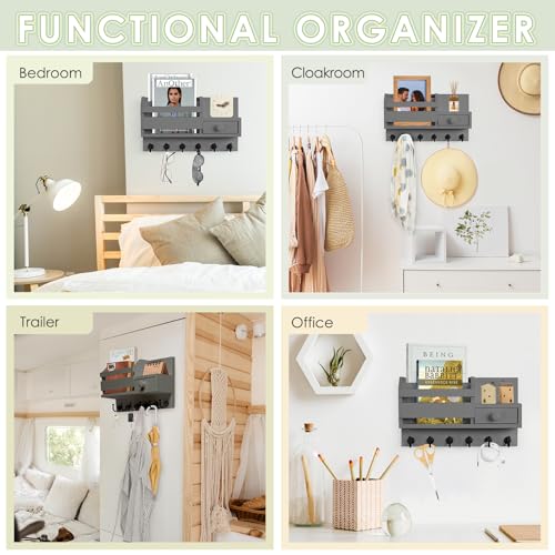 VIS'V Key Holder Wall Mount, Wooden Mail and Key Organizer, Gray | Contains Little Drawer, Small Shelf, 2 Slots, 6 Hooks, for Entryway, Hallway, Doorway, Kitchen, Garage, RV - color: Gray