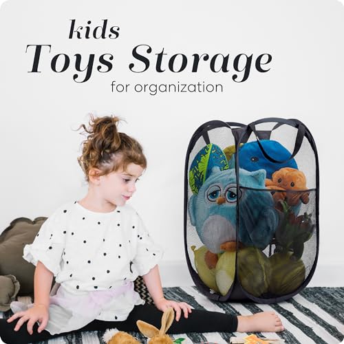 Handy Laundry Collapsible Mesh Pop Up Hamper with Wide Opening and Side Pocket - Breathable, Sturdy, Foldable, and Space-Saving Design for Clothes and Storage (Black) - color: Black