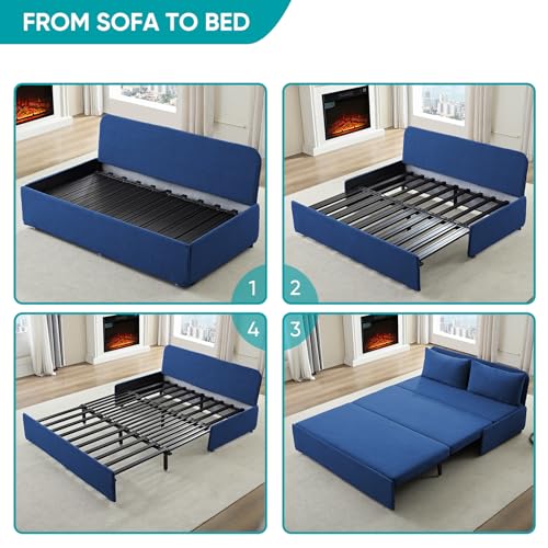 BALUS 43" W Queen Size Sleeper Couch Bed Pull Out Sofa with Pullout Beds, 2 in 1 Convertible Linen Single Sleepers Sofas Chair with Foldable Mattress and Pillows for Small Space Apartment, Blue - color: Blue, size: Queen