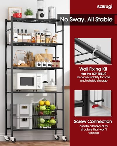 Sakugi 5-Tier Storage Shelves 33.1" x12.6" x73.5" Black with Wheels | Kitchen, Closet, Pantry, Garage, Heavy Duty, Adjustable Feet, Metal Construction - color: Black, size: 33.1W x 12.6D x 73.5H(5T)