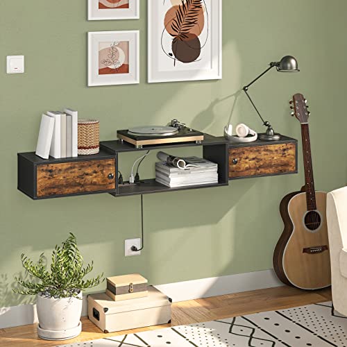 HOOBRO 55" Floating TV Stand with Power Outlet, Modern Wall Mounted Media Console Shelf Cabinet for Under TV Storage, Entertainment Center, Living Room, Bedroom, Rustic Brown and Black BF11DS01 - color: Rustic Brown + Black