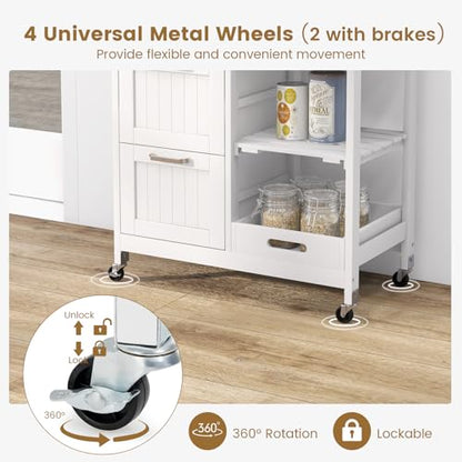 COSTWAY Kitchen Storage Island Cart on Wheels, Kitchen Rolling Trolley Cart | with 3 Drawers and Shelves, 360° Wheels & Detachable Tray, Kitchen Island for Dining Room, Living Room & Bedroom - color: White