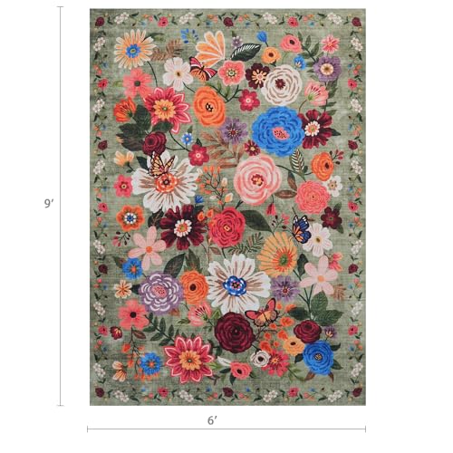 Green Floral Washable Area Rug 6x9 for Living Room Bedroom | Ultra-Thin; Easy Clean; Non Slip; Stain Resistant; Soft; MachineMachine Washable; Ideal for Dining Room, Home Office - color: Green, size: 6' x 9' (Rectangular)