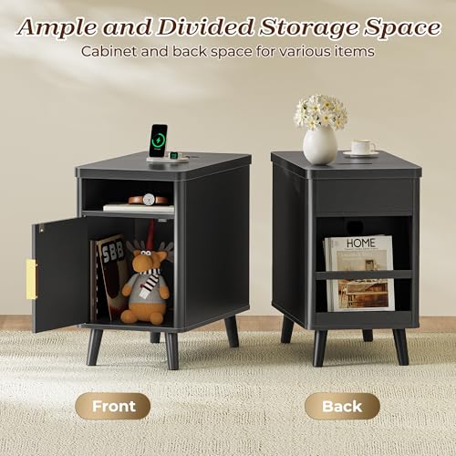 Huuger Narrow End Table with Charging Station, USB-C Port | Fluted Nightstand with Storage Cabinet, Back Rack, Farmhouse Side Table for Small Spaces, 13.4 × 23.6 Inch Night Stand, Black - color: Black