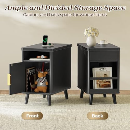Huuger Narrow End Table with Charging Station, USB-C Port | Fluted Nightstand with Storage Cabinet, Back Rack, Farmhouse Side Table for Small Spaces, 13.4 × 23.6 Inch Night Stand, Black - color: Black