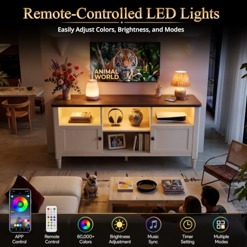 55" Farmhouse TV Stand with LED Lights & AC/USB Outlets | Rustic White Entertainment Center for TVs up to 65 Inch, Media Console Table with Storage Cabinets for Living Room Bedroom - color: Rustic White + Cracked Oak