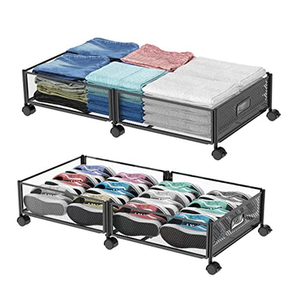 Under Bed Storage with Wheels, 31.5in / 35L Large Rolling Underbed Storage, Underbed Drawer on Wheels, Tool-free Assembly Metal Under Bed Drawers Organizer Container for Bedroom Shoes Clothes Toys - size: 2 Pack (31.5×15.7")