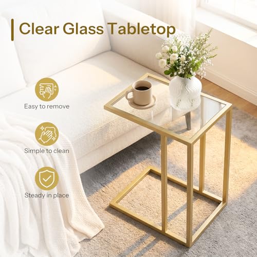 HOOBRO C Shaped End Table, Set of 2, Glass Side Table with Metal Frame, Gold Coffee Table for Small Space, Modern Style, for Living Room, Gold GD03SFP201 - color: Gold