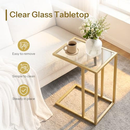 HOOBRO C Shaped End Table, Set of 2, Glass Side Table with Metal Frame, Gold Coffee Table for Small Space, Modern Style, for Living Room, Gold GD03SFP201 - color: Gold