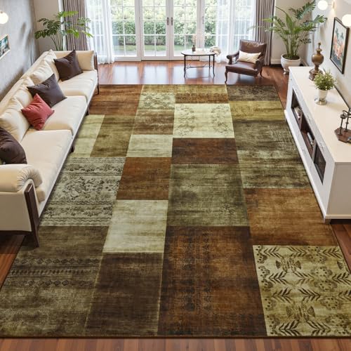 Washable Area Rugs 5x7 for Living Room, Modern Geometric Brown Soft Patchwork Carpet, Non-Slip Stain Resistant Throw Rug for Bedroom Dining Room Office Home Decor - color: Brown, size: 5 Ft X 7 Ft