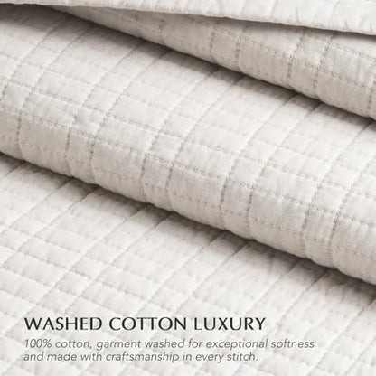 100% Cotton Modern Grid Stitch Quilt Set Queen Size, Bright White | Pre-Washed Cotton Coverlet Bedspread, Oversized Lightweight 3-Piece Bedding Set for All Season, with 2 Pillow Shams - color: Bright White, size: Full/Queen (96" X 94")