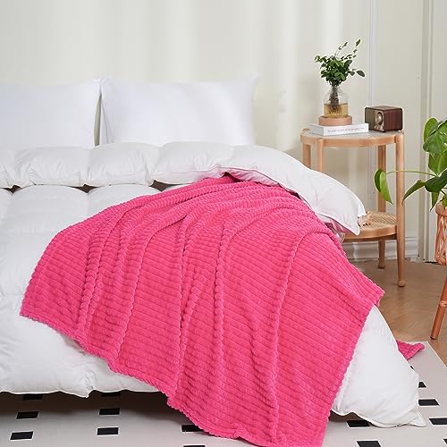 Puncuntex Fleece Throw Blanket Hot Pink 90"×90" with Square Grid Design | Super Soft Plush Cozy Flannel Throw Blanket Luxury for Couch Sofa Chair - color: Hot Pink, size: 90"×90"