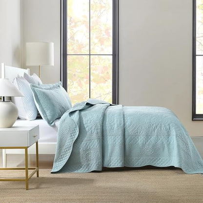 MarCielo 100% Cotton Quilt Set - 3-Piece Embroidered Farmhouse Bedspread & Shams, All-Season Breathable Bedding (Tf Aruba Blue, Queen) - color: Tf Aruba Blue, size: Queen (98" x 90")