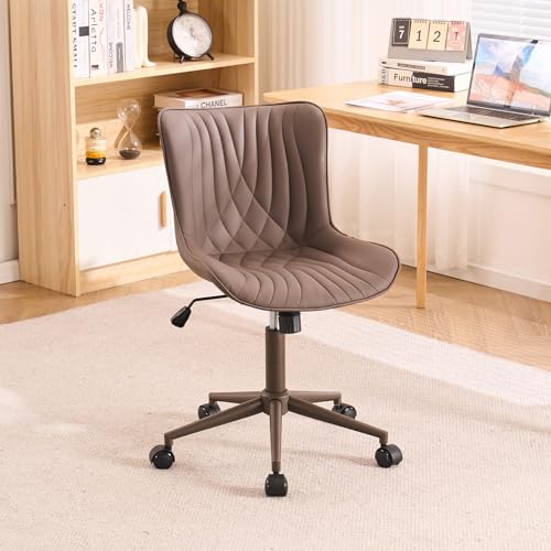 YOUTASTE Armless Office Desk Chair with Wheels, Adjustable Swivel Vanity Chair, PU Leather Upholstered, Ergonomic Back Support, Modern All Brown Computer Chair for Home Office, Bedroom, Study - color: All Brown