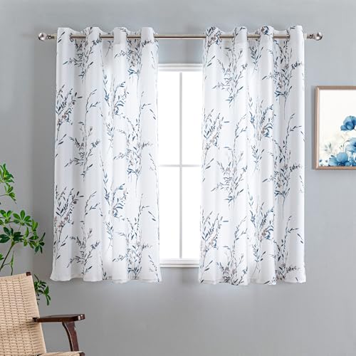 MYSKY HOME Navy Blue Floral Curtains 63 Inch Length for Bedroom Living Room | Light Filtering Privacy Protection Flower Printed Window Treatments for Dining Room, Each Panel 52" W, 2 Panels, Grommet - color: A-navy Blue, size: 52"W x 63"L (Pack of 2)