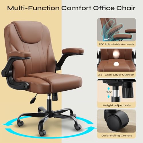PU Leather Mid-Back Office Chair, Flip-Up Arms, 3.5" Dual-Layer Cushion | PU leather mid-back chair with 3.5" dual-layer cushion, flip-up armrests, swivel wheels, and pneumatic height adjustment - color: Brown