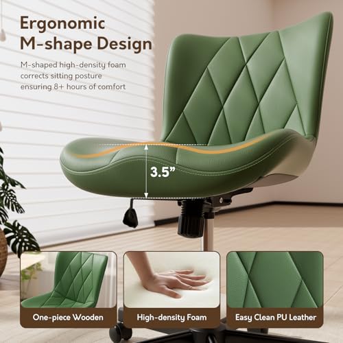 Armless Desk Chair, Morden Home Office Chair no Arms, Adjustable Height & Rocking Computer Chair, PU Leather Vanity Chair, Ergonomic Seat Soft Padded Desk Chairs for Home Small Space, Green - color: Olive Green