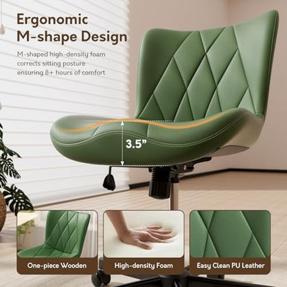 Armless Desk Chair, Morden Home Office Chair no Arms, Adjustable Height & Rocking Computer Chair, PU Leather Vanity Chair, Ergonomic Seat Soft Padded Desk Chairs for Home Small Space, Green - color: Olive Green
