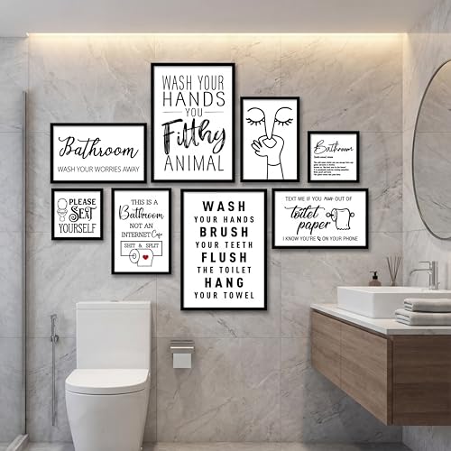 Faccito 8 Set Bathroom Wall Decor Funny Blacl and White Quotes Bathroom Wall Art Interesting Bad Smell Humorous Toilet Wooden Decoration Fun Wallart Signs Toilet Decor for Washroom - style: Interesting