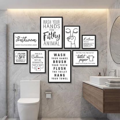 Faccito 8 Set Bathroom Wall Decor Funny Blacl and White Quotes Bathroom Wall Art Interesting Bad Smell Humorous Toilet Wooden Decoration Fun Wallart Signs Toilet Decor for Washroom - style: Interesting