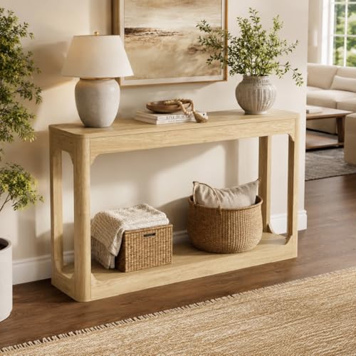 55.1" Console Table, Entryway Sofa Table for Hallway, Natural | Engineered wood, Slim console table, curved legs, 2-tier storage, entryway hallway sofa living room - color: Natural