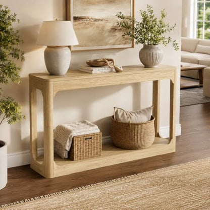55.1" Console Table, Entryway Sofa Table for Hallway, Natural | Engineered wood, Slim console table, curved legs, 2-tier storage, entryway hallway sofa living room - color: Natural