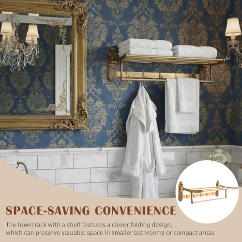 Brass Foldable Towel Rack with Hooks, Foldable Wall Mounted Bathroom Shelf Towel Bars Antique Gold Aluminum Rail Holder for Bathroom, Entryway, and Kitchen(2-Tier European Style,24") - size: 24", style: 2-tier European Style