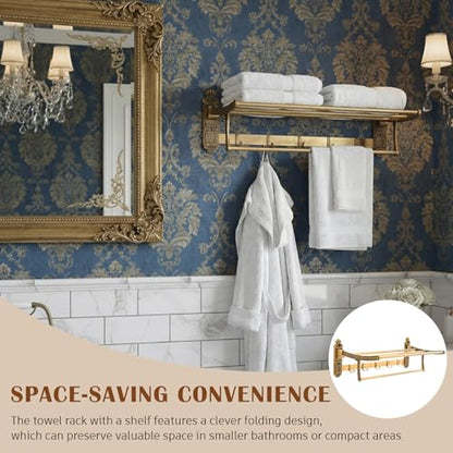 Brass Foldable Towel Rack with Hooks, Foldable Wall Mounted Bathroom Shelf Towel Bars Antique Gold Aluminum Rail Holder for Bathroom, Entryway, and Kitchen(2-Tier European Style,24") - size: 24", style: 2-tier European Style