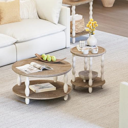 karlott 2-Tier Farmhouse Coffee Table, Round Coffee Tables for Living Room | Solid Wood Veneer Tabletop, Pine Legs & Storage Shelf, Rustic Boho Center Table, Easy Assemble for Living Room - size: 2 Tier Coffee Table 30.3 Inches