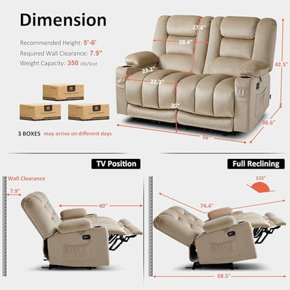 MCombo 56 in Reclining Loveseat Recliner with Heat & Massage PR648 (Beige) | 155° Zero Gravity, Dual Charging Ports, Cup Holders, FSC & OEKO Certified - color: Beige, size: Loveseat Recliner with Zero Gravity
