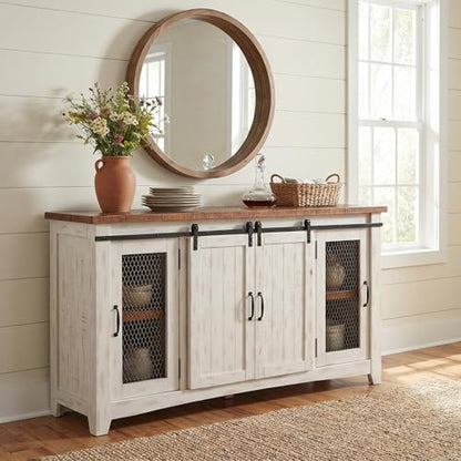 Martin Svensson Home Rustic 65" Wood Entertainment Center, White and Honey | Solid Pine, TV Stand, Sliding Doors, Adjustable Shelves & Cable Management, for TVs up to 70" - color: Antique White and Aged Distressed Pine