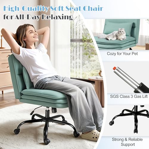Furmax Criss Cross Legged Office Chair with Wheels, Armless Extra Wide Seat Swivel Desk Chair, Adjustable Height Comfy Task Chair with Thick Cushion for Home Office Bedroom Vanity (Fabric, Green) - color: Green
