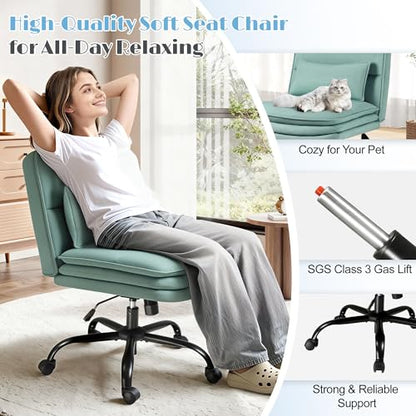 Furmax Criss Cross Legged Office Chair with Wheels, Armless Extra Wide Seat Swivel Desk Chair, Adjustable Height Comfy Task Chair with Thick Cushion for Home Office Bedroom Vanity (Fabric, Green) - color: Green