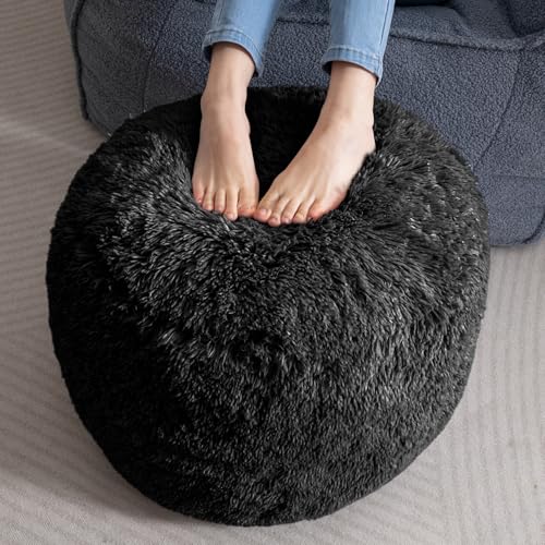 HIGOGOGO Round Stuffed Pouf Ottoman, Long Faux Fur Poufs with Foam Chunk Filling, Fluffy and Furry Pouf Foot Stool Storage Ottoman, 20 X 15 Floor Poufs Foot Rest for Living Room, Black - color: Black, size: 20"D x 20"W x 18"H