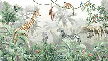 Reyhui Kids Wallpaper Tropical Leves and Safari Animals | 108"x75" Not Peel and Stick Wall Mural for Wall Bedroom Living Room TV Background Sofa Wall - color: MURAL-013, size: 108" x 75"