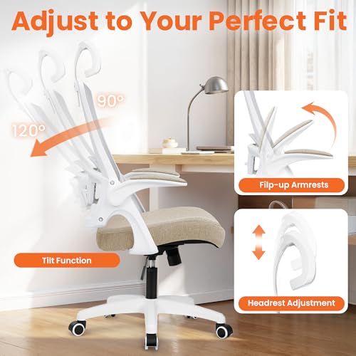 NEO CHAIR Office Desk Chair with Ergonomic High Back Mesh Headrest, Beige | Adjustable Headrest and Lumbar Support with Flip-Up Armrests Designed for Extended Sitting Comfort While Saving Space - color: Beige