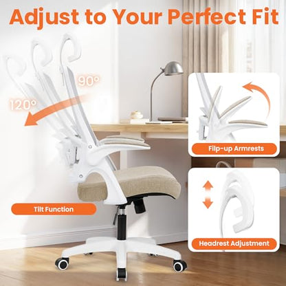 NEO CHAIR Office Desk Chair with Ergonomic High Back Mesh Headrest, Beige | Adjustable Headrest and Lumbar Support with Flip-Up Armrests Designed for Extended Sitting Comfort While Saving Space - color: Beige