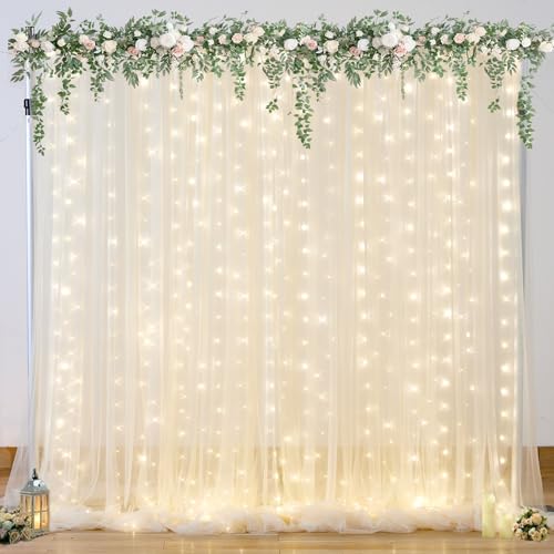 Champagne Tulle Photo Backdrop Curtain with Lights String for Parties Wedding Bridal Shower Sheer Champagne Curtain Backdrop for Birthday Baby Shower Photo Booth Photography 10ft x 8ft - color: Champagne, size: 10ft x 8ft ( 5ft(W) x 8ft(H), 2 panels )