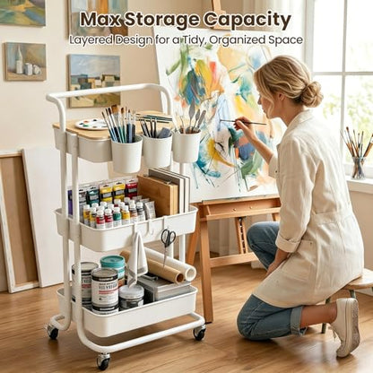3 Tier Rolling Cart with Table Top, Utility Cart with Lockable Wheel | Hooks & Cup Holders, Multifunctional Rolling Storage Cart for Kitchen, Bathroom, Office, Bedroom, Craft, Living Room (White) - color: White