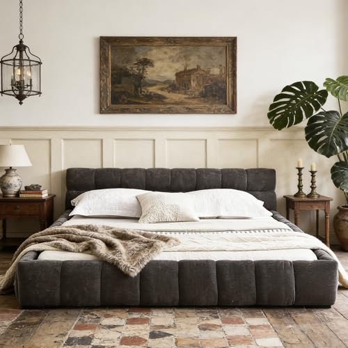 Chenille Fabric Upholstered Platform Bed Frame with Soft Headboard, Modern Low Profile Grounded Design, No Box Spring Needed, Sturdy MDF & Wood Frame, Neutral Style (Dark Grey, Queen (U.S. Standard)) - color: Dark Grey, size: Queen (U.S. Standard)