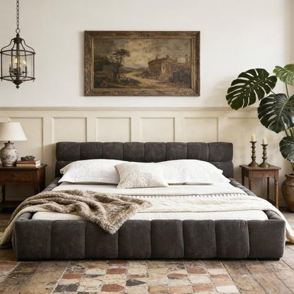 Chenille Fabric Upholstered Platform Bed Frame with Soft Headboard, Modern Low Profile Grounded Design, No Box Spring Needed, Sturdy MDF & Wood Frame, Neutral Style (Dark Grey, Queen (U.S. Standard)) - color: Dark Grey, size: Queen (U.S. Standard)