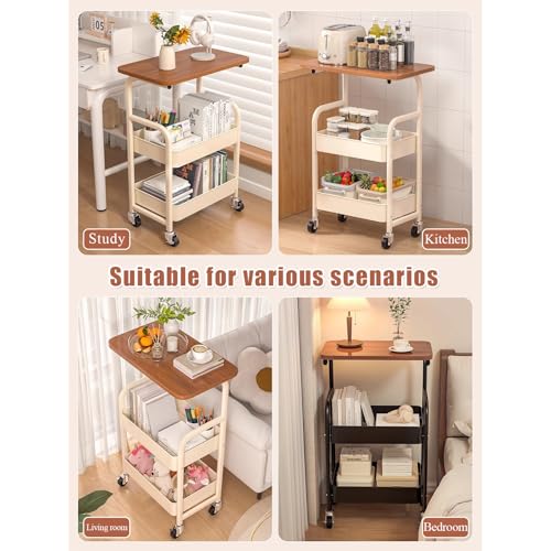 3-Tier Rolling Utility Cart with Drawers, Solid Wood Tabletop Metal Storage Cart, 360° Swivel Wheels & 2 Lockable Casters, Lightweight Mobile Organizer Trolley for Kitchen Living Room Bathroom - color: White.b