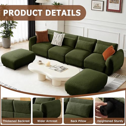 U Shaped Cloud Sectional, Convertible L Shaped Couch with Removable Ottomans,Modular Cloud Couch Sectional for Living Room(4 Set + 2 Ottomans - Green) - color: Green, size: 4set+2 Ottoman