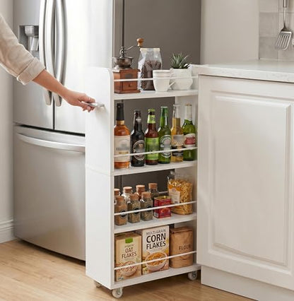 Slim Rolling Storage Cart,4 Tier White Rolling Utility Cart Slide Out Rack | Narrow Spice Rack Organizer Trolley for Kitchen Bathroom Larundry Small Corner 7.7inch wide - size: 4-Tier