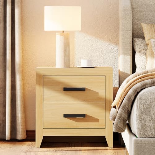 WAMPAT Nightstand with 2 Large Drawers,Wooden Nightstand with Storage,Farmhouse Bedside Table End Table for Bedroom, Oak - color: Oak
